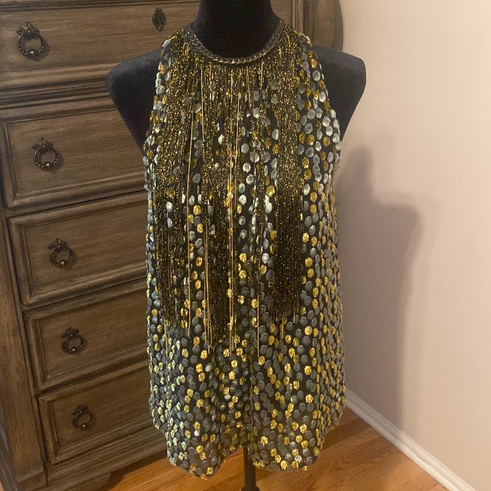 Elie Tahari Gold & Black Fringe Blouse XS NWT